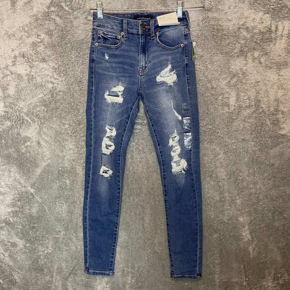 Aero Women Size 0 Flex 4 Way stretch Distressed High Rise Jegging Denim Jean NWT